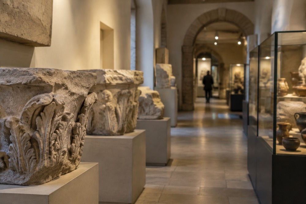 A museum corridor with stone architectural fragments and display vitrines under warm lighting