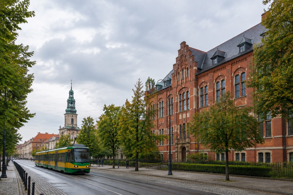 A tram moving along a tree-lined central street in Poznan near historic buildings