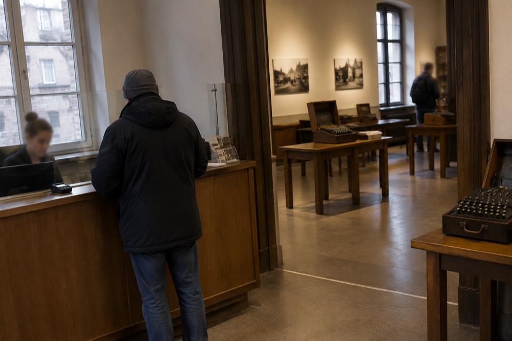 A museum ticket counter with a visitor buying entry in Poznan