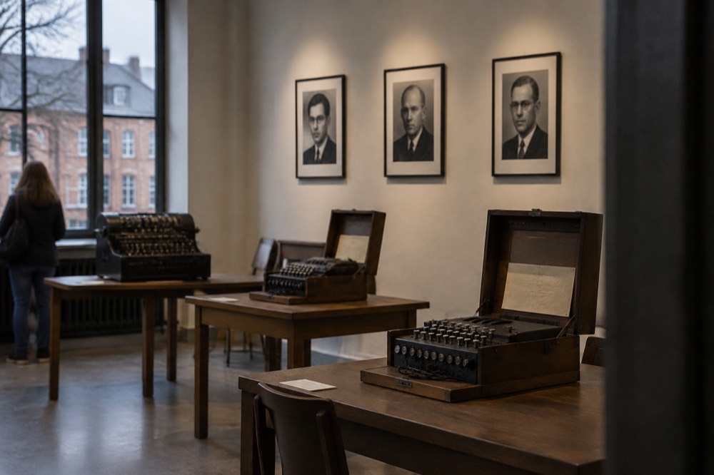 Historic photographs of three mathematicians displayed on a museum wall