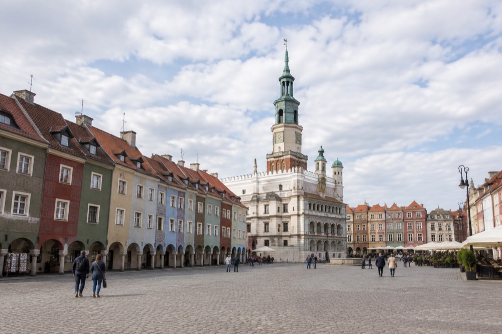 The colorful facades of the Old Market Square in Poznan seen from across the square