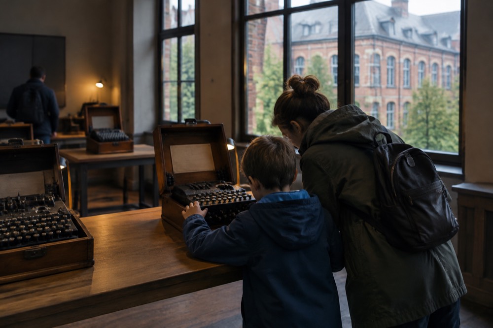 A parent and child working together at a hands-on museum puzzle station