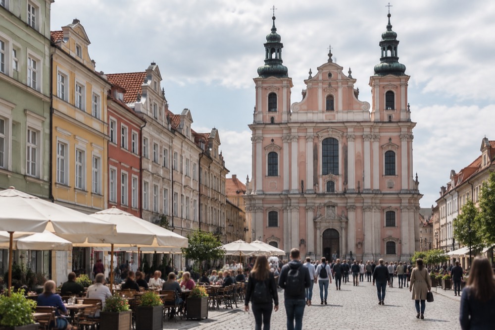 Market square with colourful townhouses and a crowd walking between cafe tables