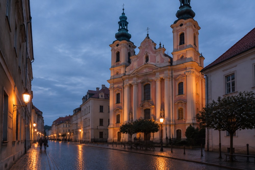 Old town street at dusk with warm light on church walls and wet cobblestones