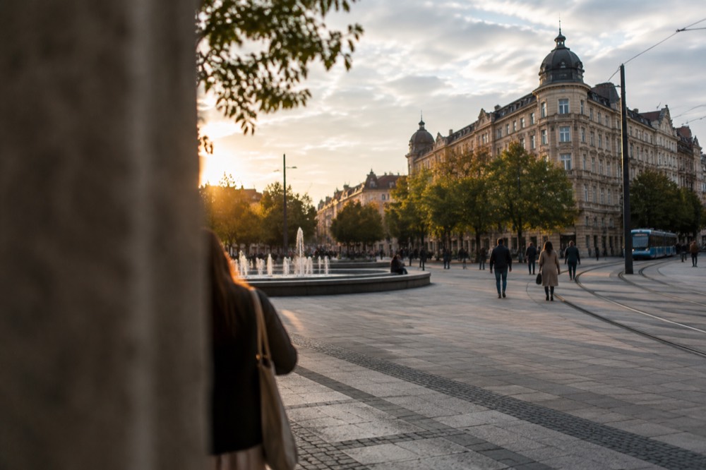 People walking across a circular city square with tram tracks, trees and classical building facades