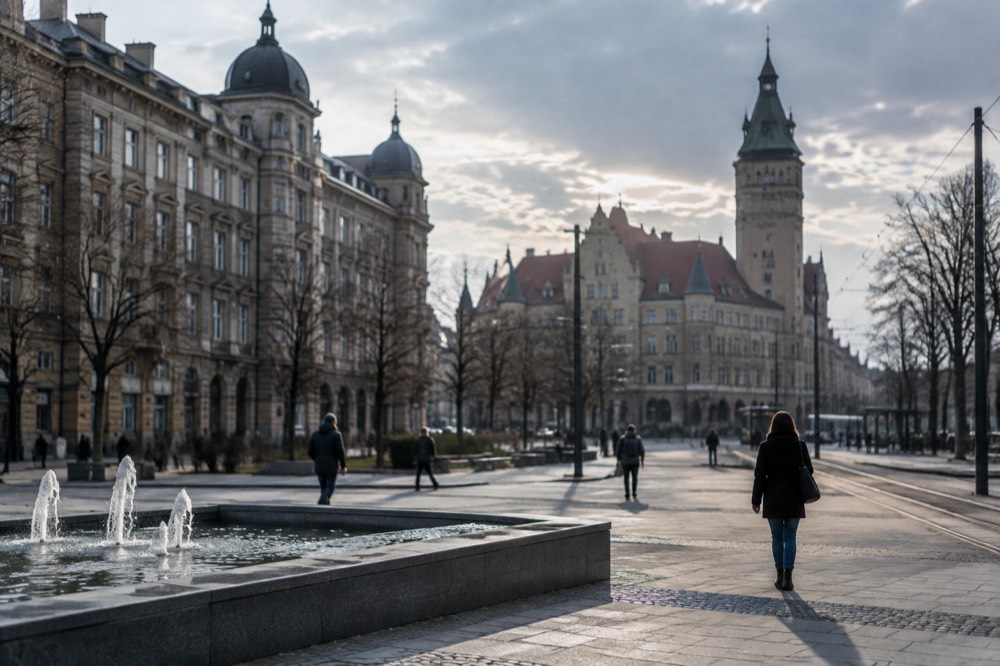A grand castle-like building with a tower seen from a city street in Poznan