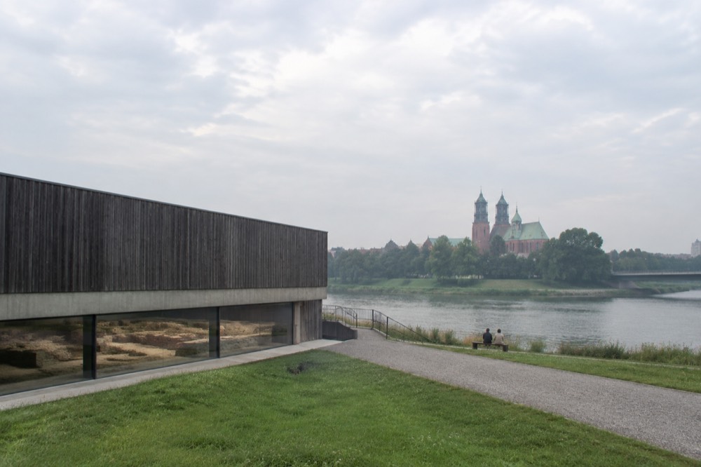 View across the Warta river toward the towers of Poznan Cathedral on the island