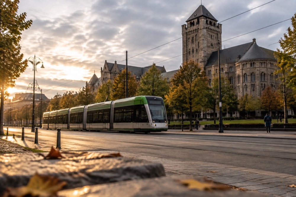 A tram passing along Sw. Marcin street with the castle district buildings in the background