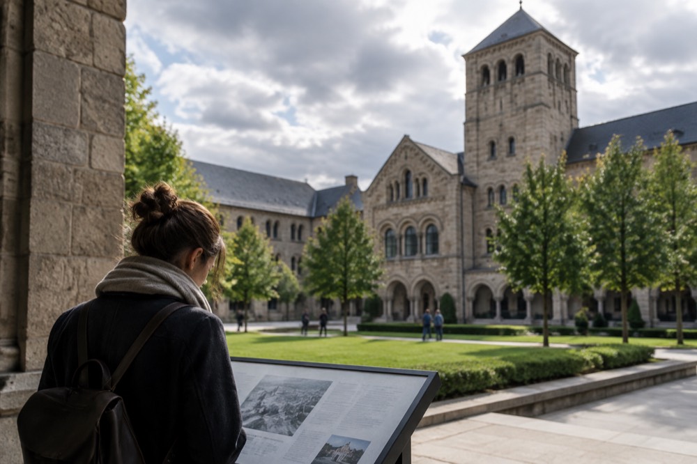 A visitor reading an information panel in a bright interior courtyard of the Imperial Castle in Poznan
