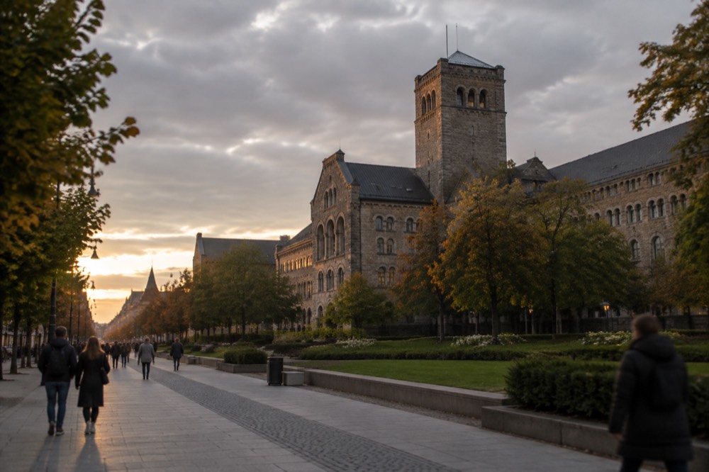 The Imperial Castle in Poznan lit by warm evening light with people strolling along Sw. Marcin street