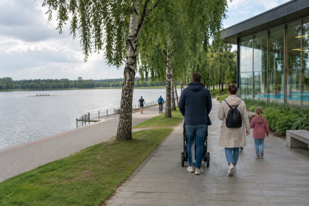 A family strolling past trees toward a modern glass building with pools inside