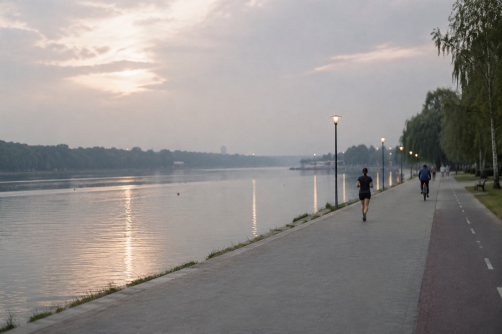 A lakeside promenade at dusk with street lamps reflecting on calm water