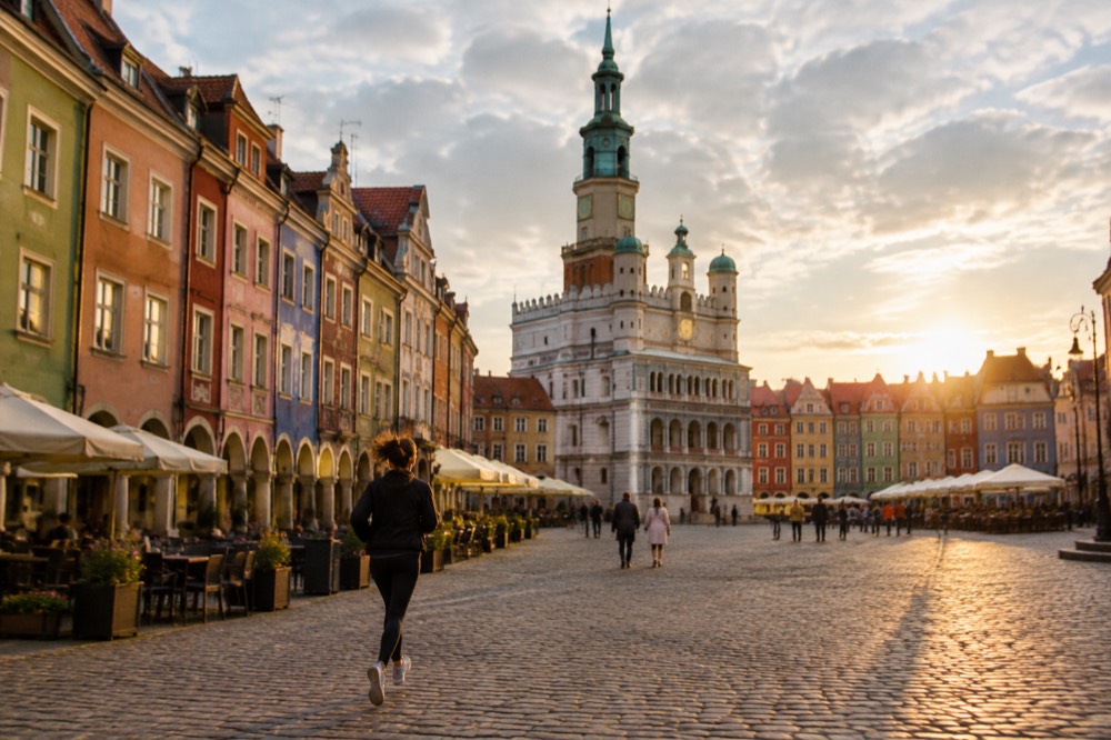 Colourful old town houses and cafe tables around the Old Market Square in Poznan