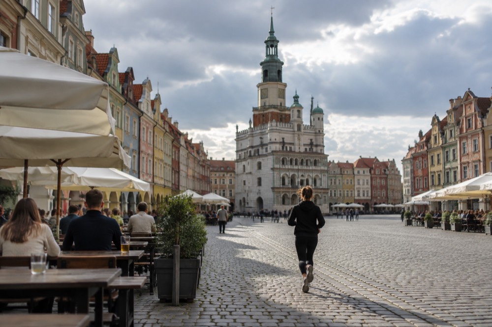 People seated at outdoor beer garden tables on a sunlit street in Poznan