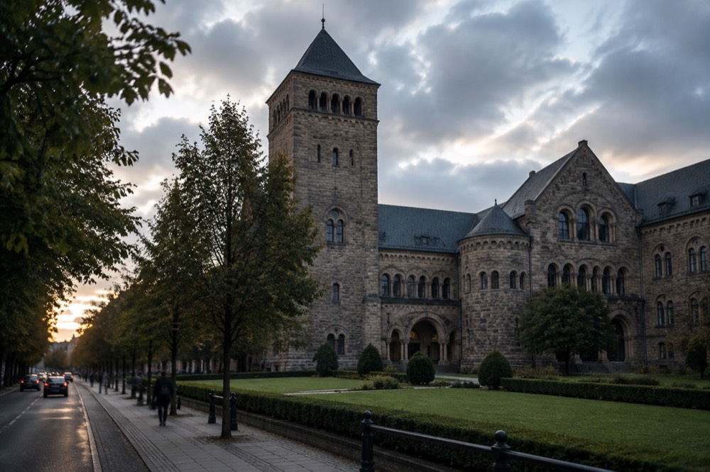 The historic facade of the Imperial Castle on Sw. Marcin street in Poznan at dusk