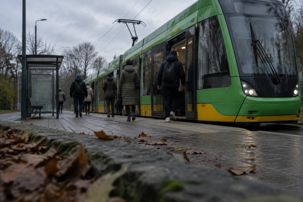 Modern Poznan tram at a stop with passengers boarding