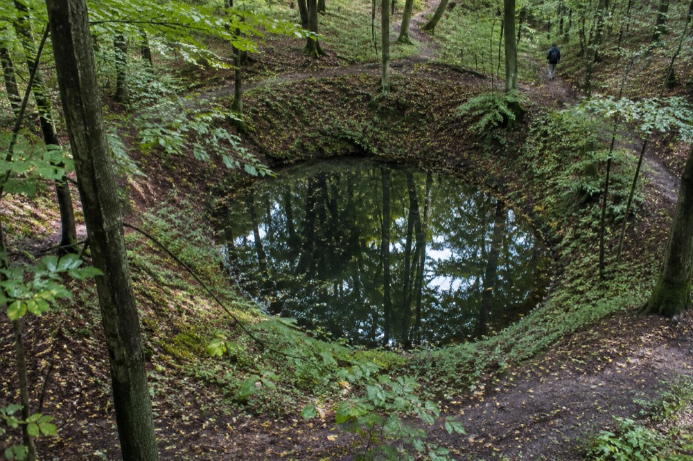 Small pond filling a forest crater reflecting surrounding trees