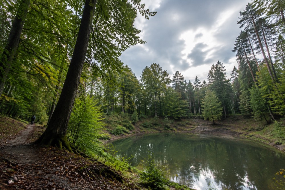 Reconstructed prehistoric wooden settlement on a peninsula in a Polish lake