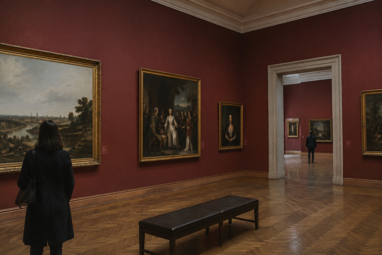 Gallery interior with classical paintings hung on a deep-red wall