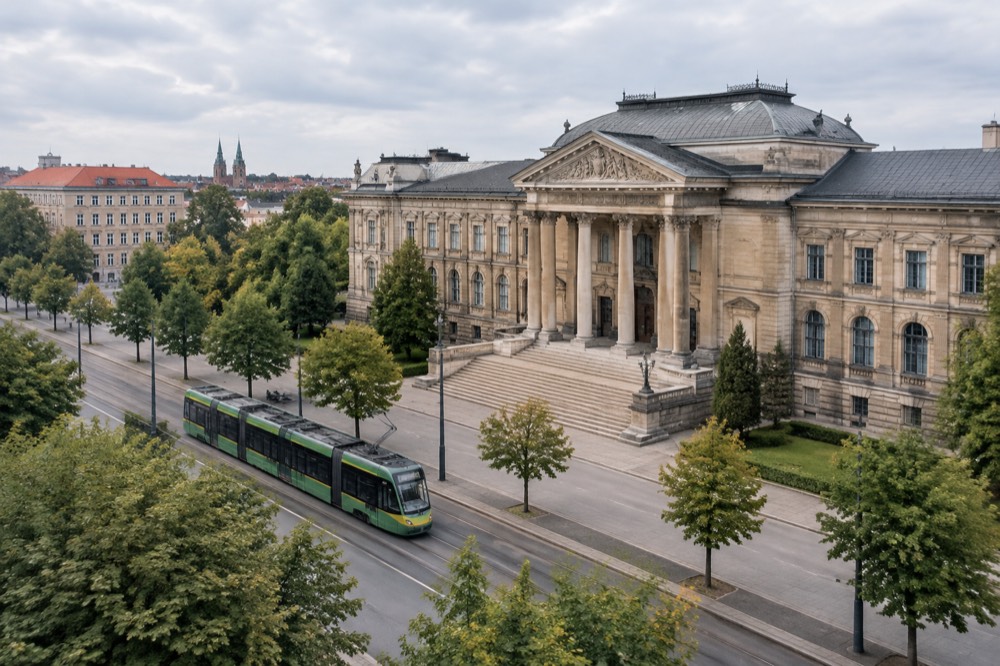 Modern tram moving along a city street with trees