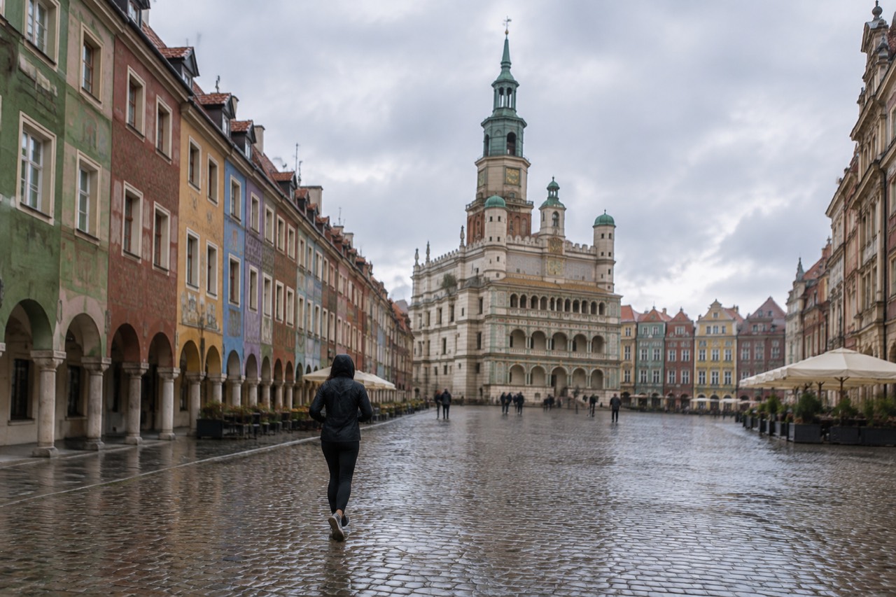 Colorful merchant townhouses framing a large cobblestone market square in Poznan