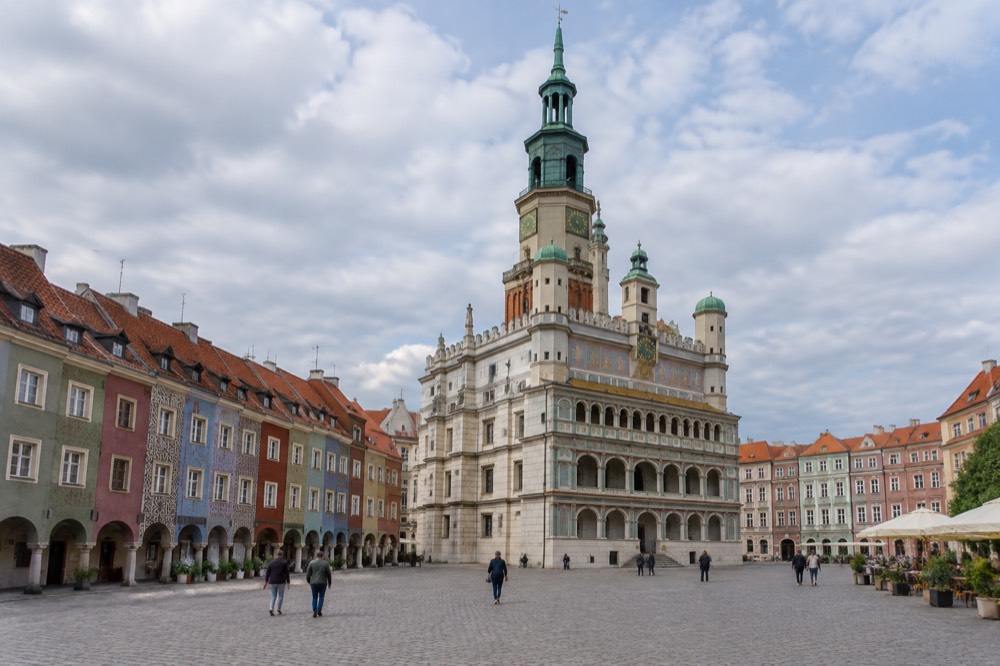 Close view of the Renaissance Town Hall arcade and tower on the Poznan Old Market Square