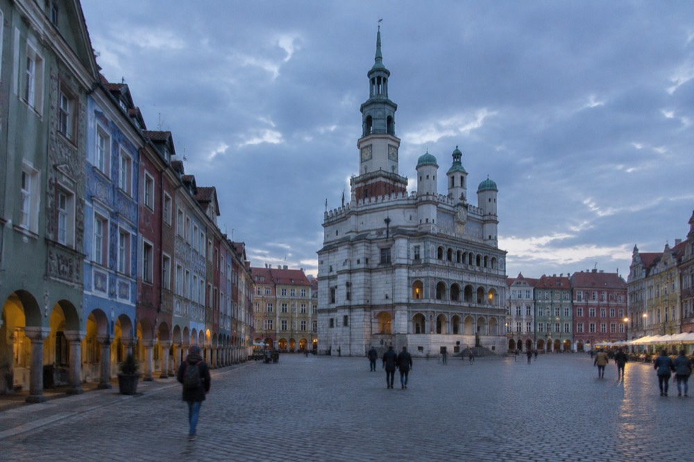 Historic townhouse facades on the Old Market Square in Poznan housing small museums