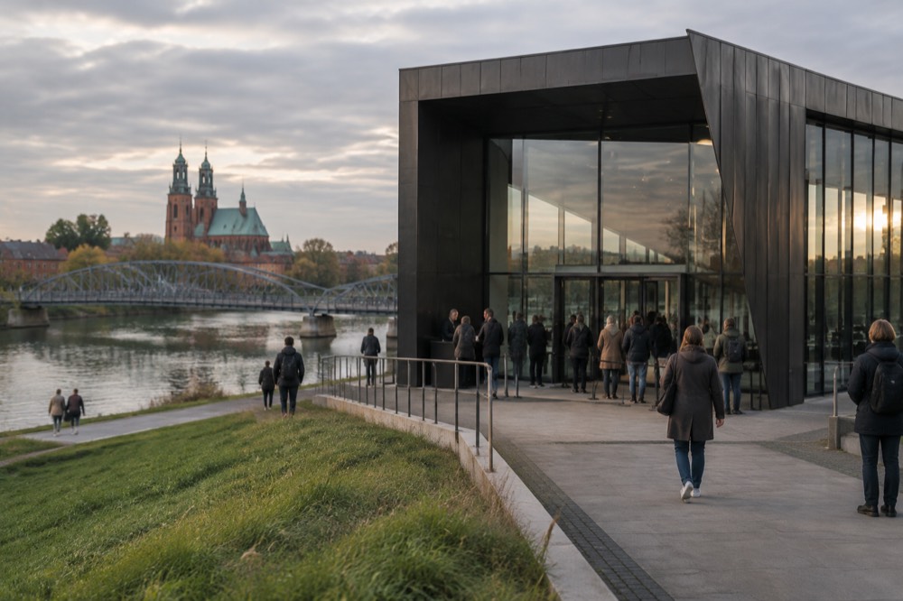 Ticket desk and entrance area of a modern museum building with visitors waiting