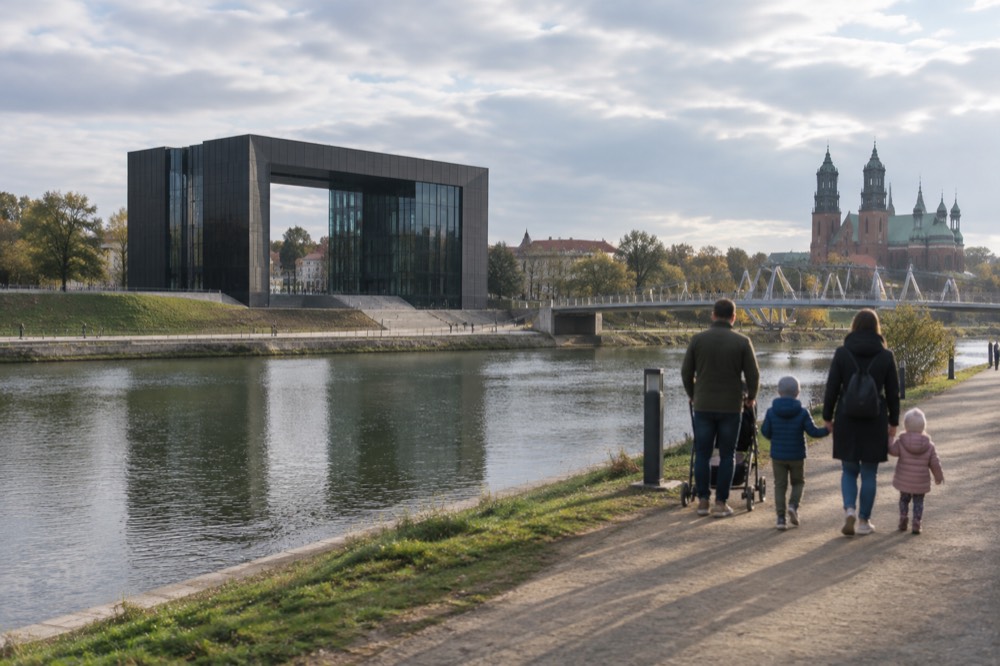 Family with children walking a riverside path beside the cathedral island in Poznan