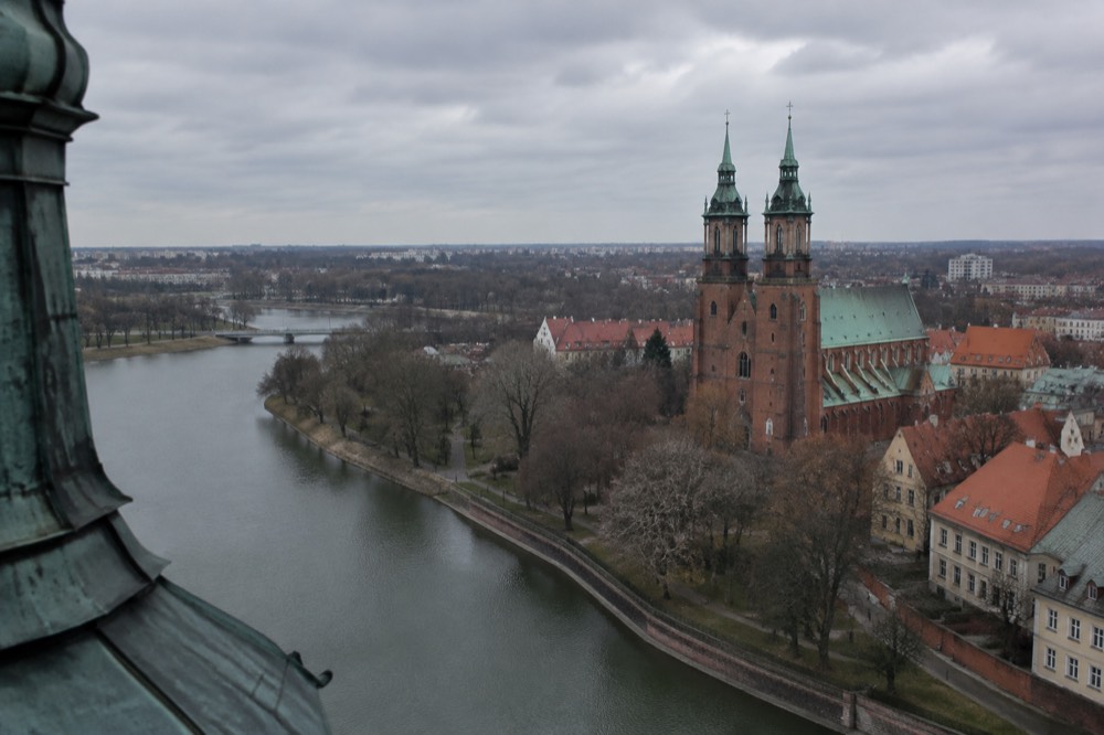 View over the Warta river and cathedral rooftops from the top of the Poznan Cathedral tower