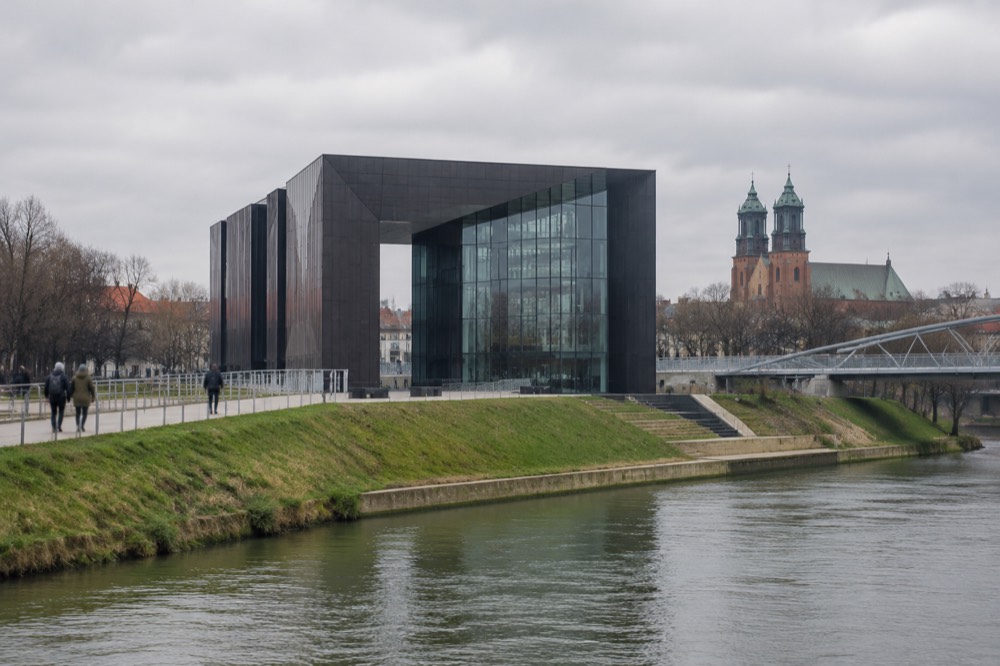Modern exhibition hall of Porta Posnania beside the Warta river on Ostrow Tumski