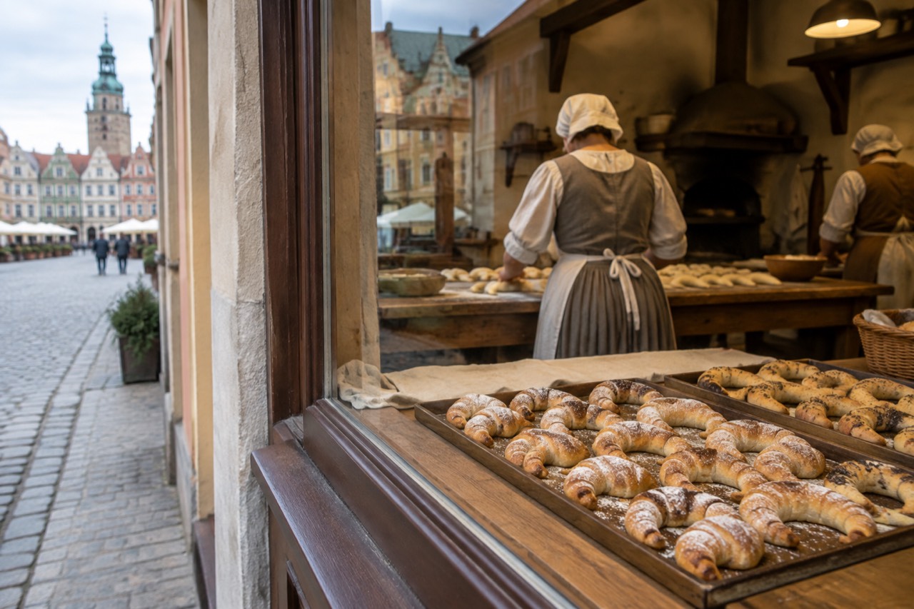 Bakers in period costume shaping crescent pastries on a wooden table inside a museum show