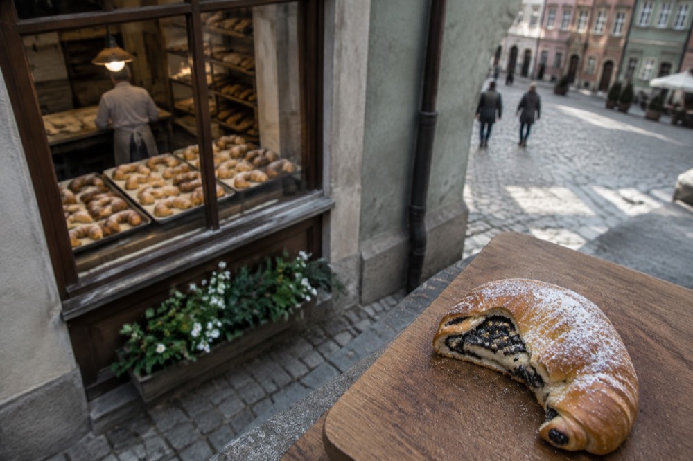 A crescent pastry filled with white poppy seed filling on a wooden board