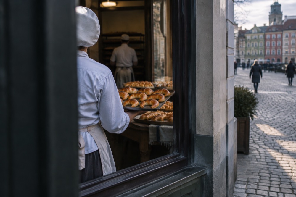 A baker in costume presenting a tray of finished golden crescents to the audience