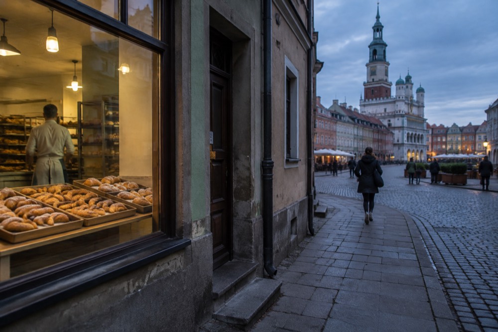 A narrow side street entrance door beside a historic tenement in Poznan