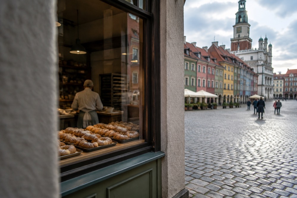Colourful restored townhouse facades around a large cobblestone market square