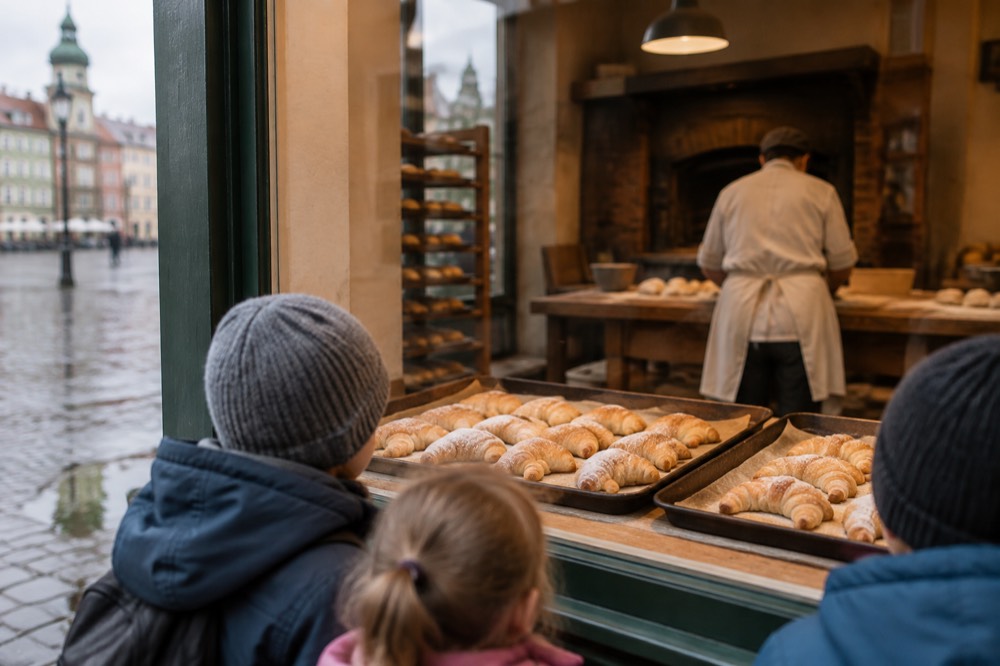 Children watching bakers work at a wooden counter during a museum show