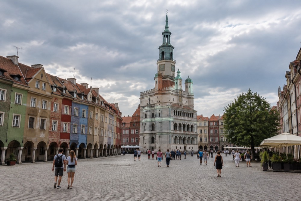 The colourful facades of the Old Market Square in Poznan seen from the square itself