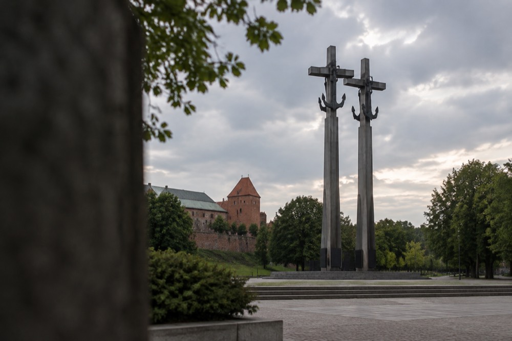 A green park with tree-lined paths and historic fortress walls in Poznan