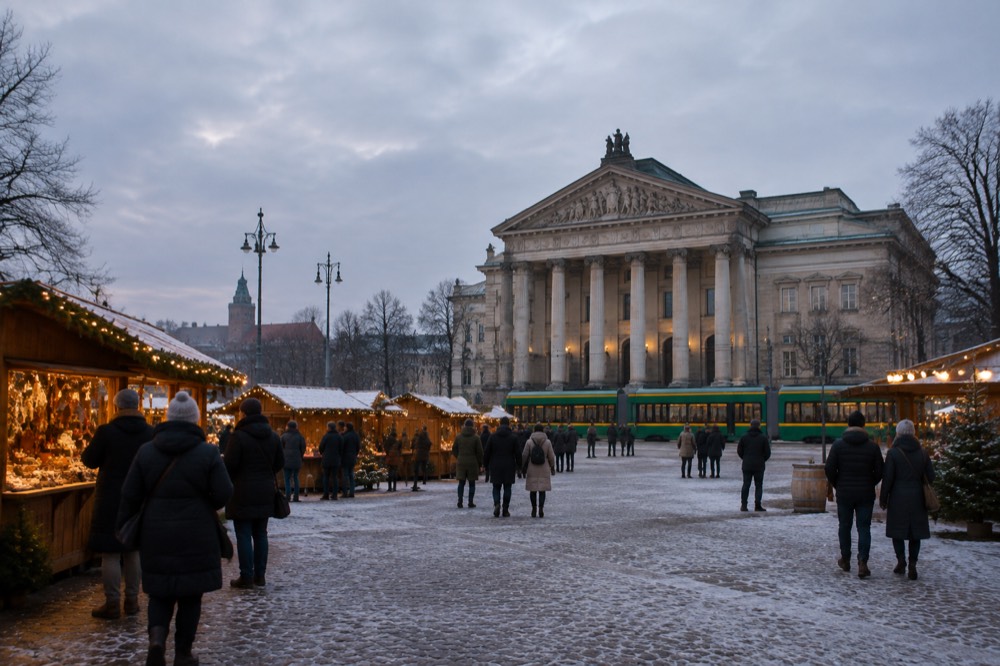 A Christmas market square in Poznan at dusk with wooden stalls and string lights