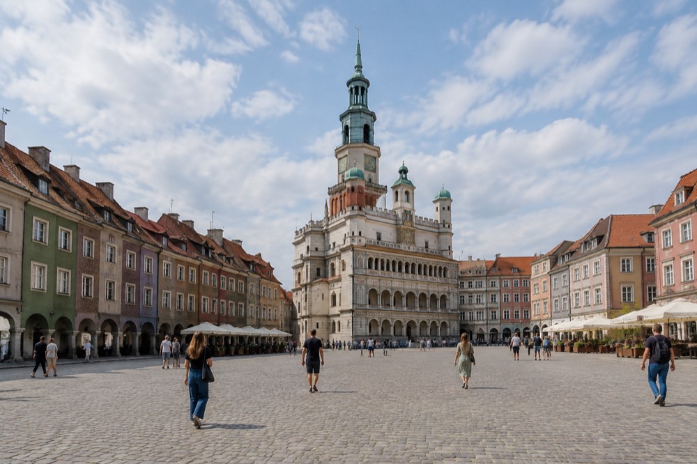 Visitors walking across the Old Market Square in Poznan on a bright morning