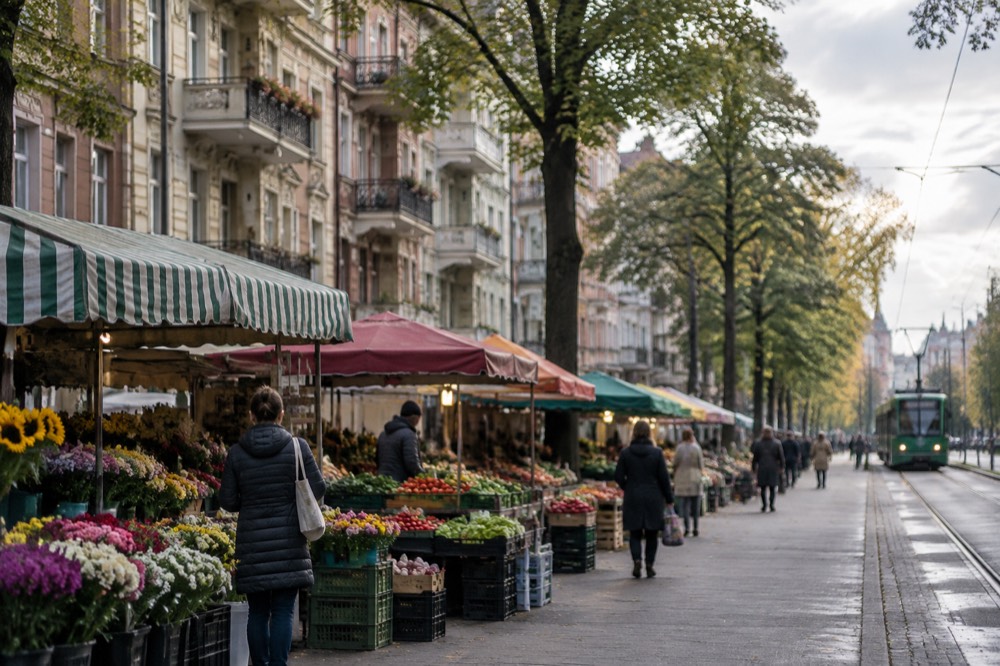 Colourful market hall stalls with vegetables and flowers in Jezyce
