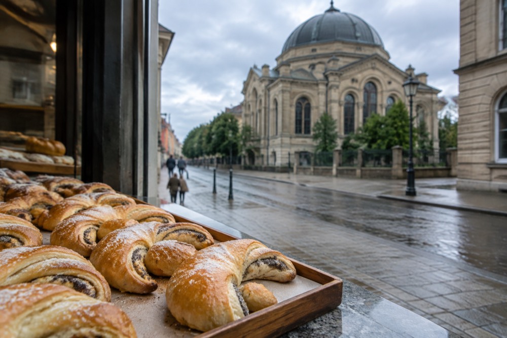 Golden crescent-shaped pastries filled with white poppy seed filling arranged on a bakery counter