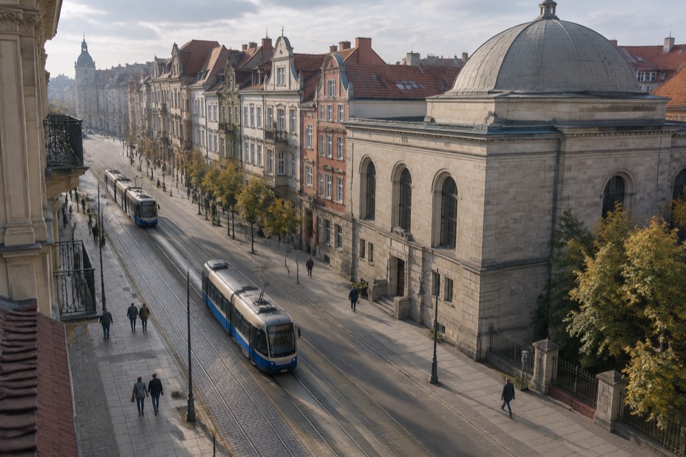 A street in central Poznan with trams, pedestrians and historic tenement houses in daylight