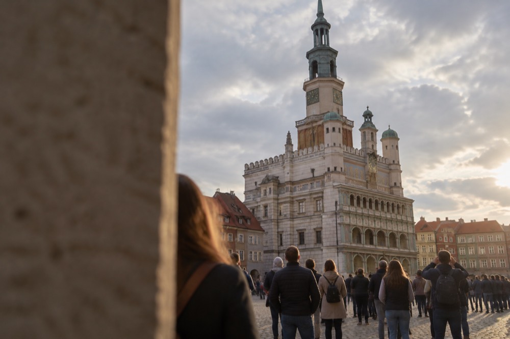 Crowd of visitors on a cobbled square looking up at a clock tower at midday