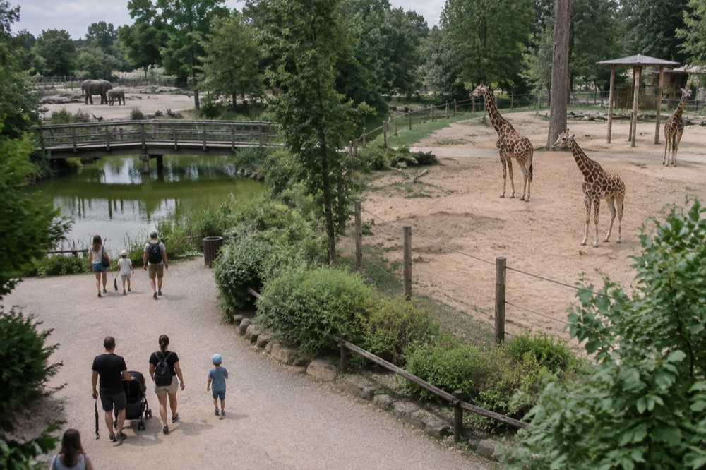 Giraffes standing in a sandy enclosure behind a low fence at the Poznan New Zoo