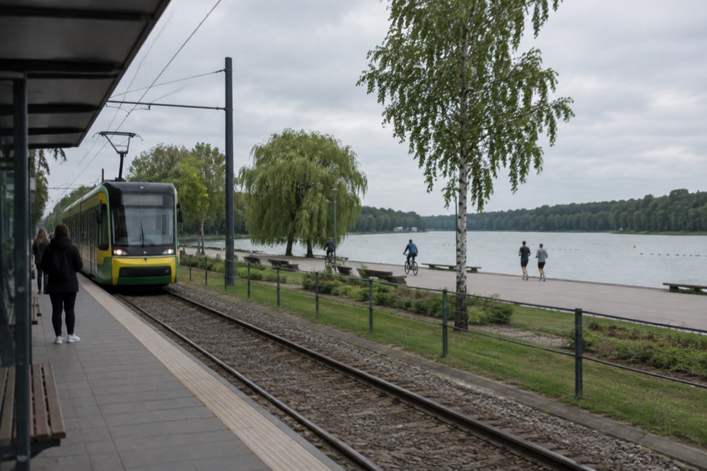 A tram arriving at a stop near the Lake Malta recreation area in Poznan