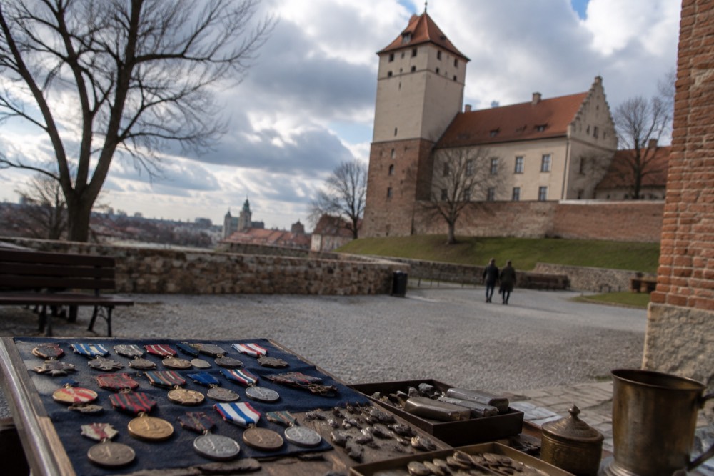 A display of Polish medals and small metal plaquettes in a lit case