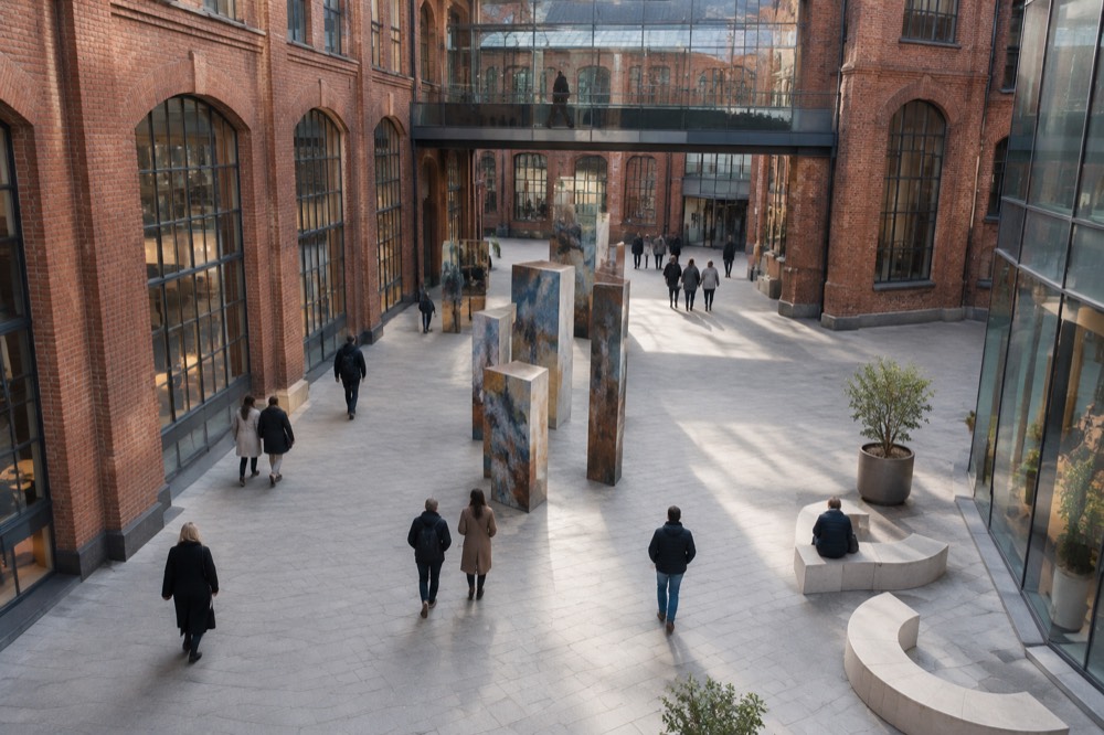 Visitors walking through a bright atrium of Stary Browar with art installations