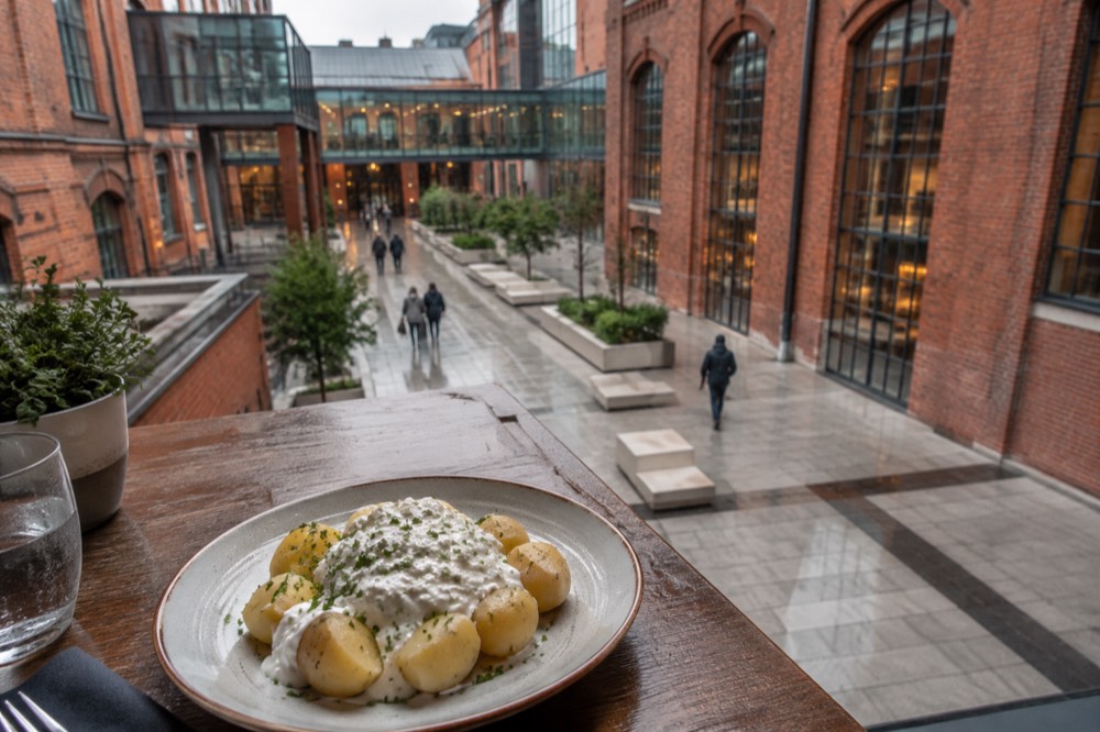 A plate of pyry z gzikiem, potatoes with curd cheese, served in a Poznan restaurant